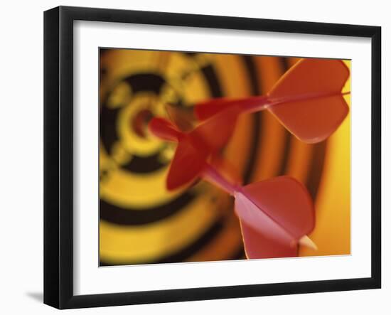 Close-up of Three Darts in the Bull's-Eye of a Dartboard-null-Framed Photographic Print