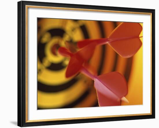 Close-up of Three Darts in the Bull's-Eye of a Dartboard-null-Framed Photographic Print