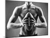 Close-Up of Topless Man Holding Rugby Ball in Isolation-pressmaster-Mounted Photographic Print