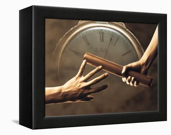 Close Up of Two Runners Hands Passing the Baton in Relay Race in Front of Old European Clock Face-null-Framed Premier Image Canvas