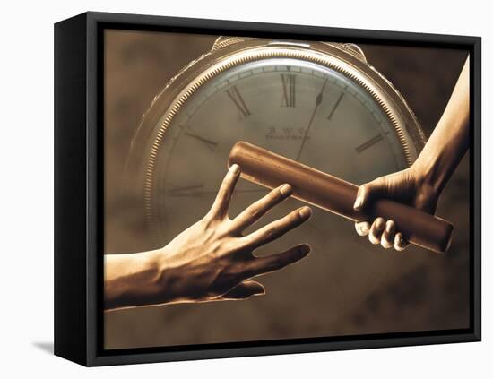 Close Up of Two Runners Hands Passing the Baton in Relay Race in Front of Old European Clock Face-null-Framed Premier Image Canvas