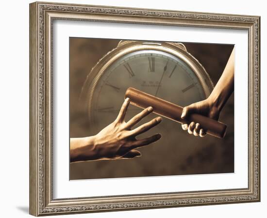 Close Up of Two Runners Hands Passing the Baton in Relay Race in Front of Old European Clock Face-null-Framed Photographic Print