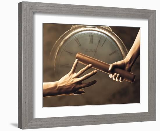 Close Up of Two Runners Hands Passing the Baton in Relay Race in Front of Old European Clock Face-null-Framed Photographic Print