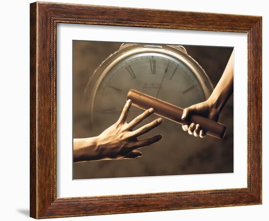 Close Up of Two Runners Hands Passing the Baton in Relay Race in Front of Old European Clock Face-null-Framed Photographic Print