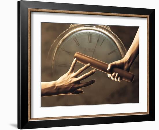 Close Up of Two Runners Hands Passing the Baton in Relay Race in Front of Old European Clock Face-null-Framed Photographic Print