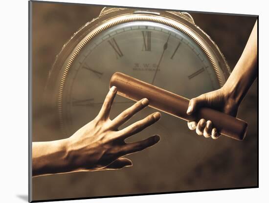 Close Up of Two Runners Hands Passing the Baton in Relay Race in Front of Old European Clock Face-null-Mounted Photographic Print