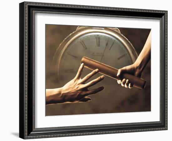 Close Up of Two Runners Hands Passing the Baton in Relay Race in Front of Old European Clock Face-null-Framed Photographic Print