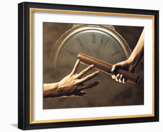 Close Up of Two Runners Hands Passing the Baton in Relay Race in Front of Old European Clock Face-null-Framed Photographic Print