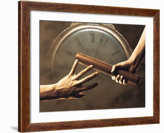 Close Up of Two Runners Hands Passing the Baton in Relay Race in Front of Old European Clock Face-null-Framed Photographic Print