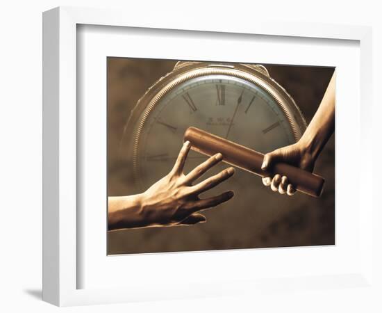 Close Up of Two Runners Hands Passing the Baton in Relay Race in Front of Old European Clock Face-null-Framed Photographic Print