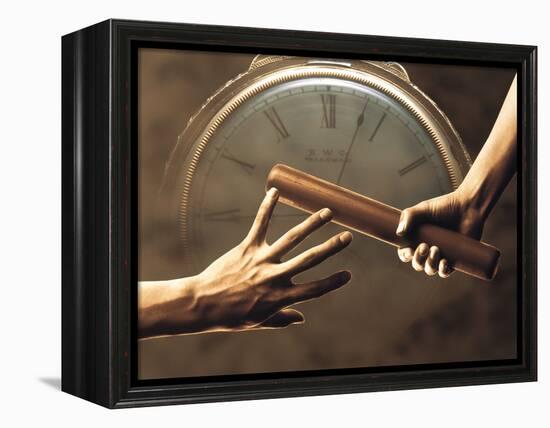 Close Up of Two Runners Hands Passing the Baton in Relay Race in Front of Old European Clock Face-null-Framed Premier Image Canvas