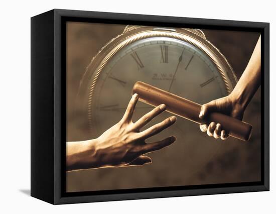 Close Up of Two Runners Hands Passing the Baton in Relay Race in Front of Old European Clock Face-null-Framed Premier Image Canvas