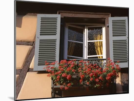 Close-Up of Typical Window with Blue Shutters and Windowbox Full of Geraniums, France-Guy Thouvenin-Mounted Photographic Print