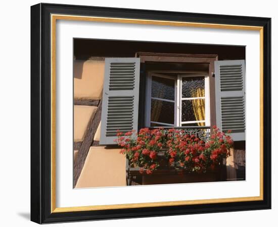 Close-Up of Typical Window with Blue Shutters and Windowbox Full of Geraniums, France-Guy Thouvenin-Framed Photographic Print