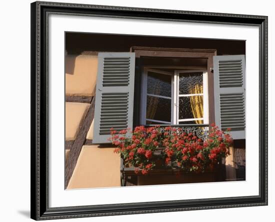 Close-Up of Typical Window with Blue Shutters and Windowbox Full of Geraniums, France-Guy Thouvenin-Framed Photographic Print