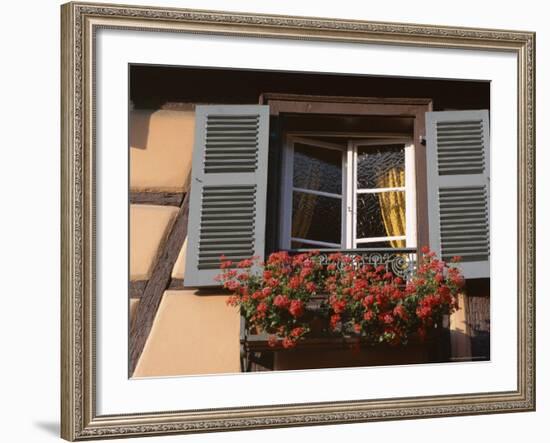 Close-Up of Typical Window with Blue Shutters and Windowbox Full of Geraniums, France-Guy Thouvenin-Framed Photographic Print