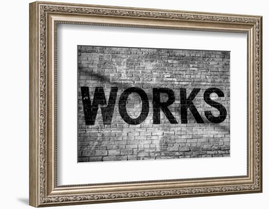 Close-up of weathered brick wall with word 'Works' painted on it, Oakland, Alameda County, Calif...-Panoramic Images-Framed Photographic Print