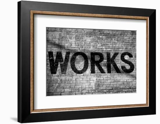 Close-up of weathered brick wall with word 'Works' painted on it, Oakland, Alameda County, Calif...-Panoramic Images-Framed Photographic Print