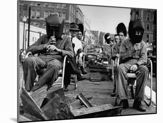 Close-Up of Welding School Float in Parade for National Defense Day During WWII-null-Mounted Photographic Print
