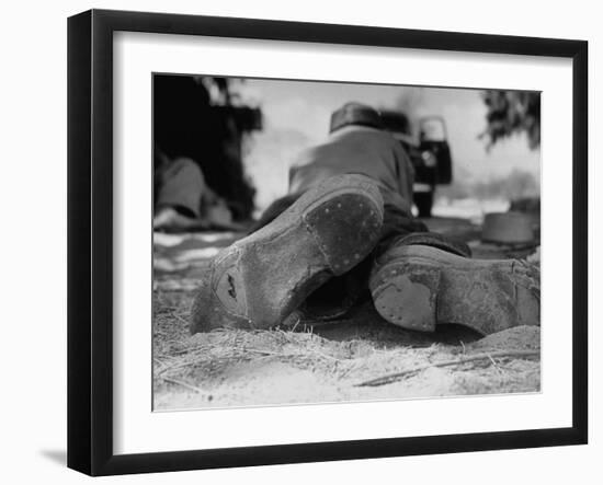 Close Up of Worn Out Shoes Being Worn by Mexicans Who Crossed Border Into US Illegally-Loomis Dean-Framed Photographic Print