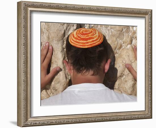 Close Up of Young Man with Bright Yarmulka Praying at Western Wall, Old City, Jerusalem, Israel-Eitan Simanor-Framed Photographic Print