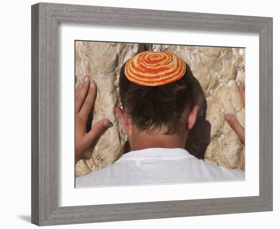 Close Up of Young Man with Bright Yarmulka Praying at Western Wall, Old City, Jerusalem, Israel-Eitan Simanor-Framed Photographic Print