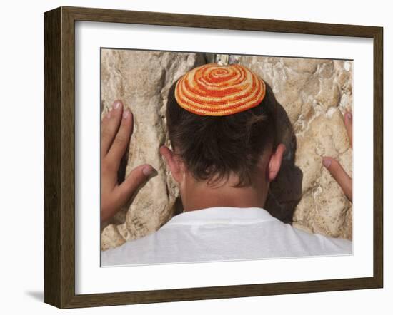 Close Up of Young Man with Bright Yarmulka Praying at Western Wall, Old City, Jerusalem, Israel-Eitan Simanor-Framed Photographic Print