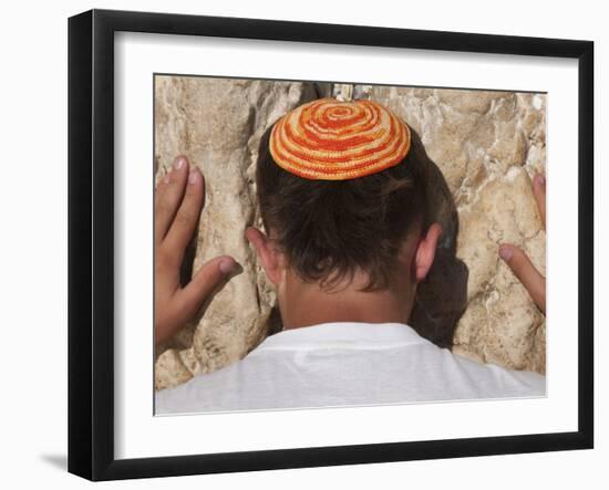 Close Up of Young Man with Bright Yarmulka Praying at Western Wall, Old City, Jerusalem, Israel-Eitan Simanor-Framed Photographic Print