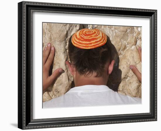 Close Up of Young Man with Bright Yarmulka Praying at Western Wall, Old City, Jerusalem, Israel-Eitan Simanor-Framed Photographic Print