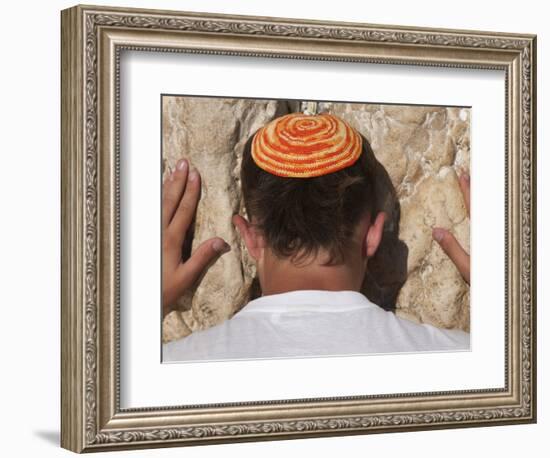 Close Up of Young Man with Bright Yarmulka Praying at Western Wall, Old City, Jerusalem, Israel-Eitan Simanor-Framed Photographic Print