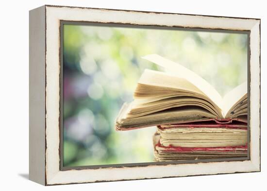 Close up on Old Book on Colorful Bokeh Background-melis-Framed Premier Image Canvas