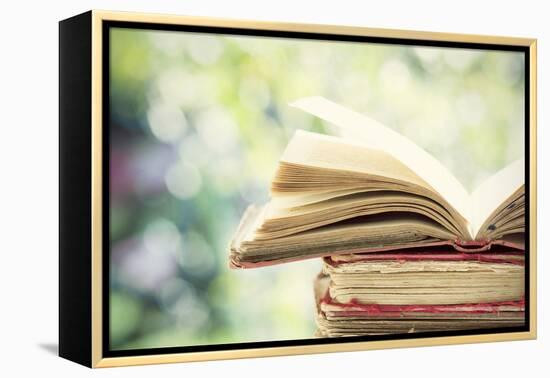 Close up on Old Book on Colorful Bokeh Background-melis-Framed Premier Image Canvas