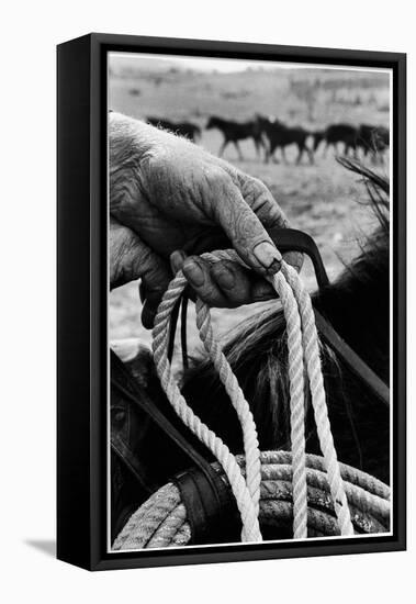 Close Up on Weather Beaten Hand of Whistle Mills Ranch Foreman Holding Rope-John Loengard-Framed Premier Image Canvas