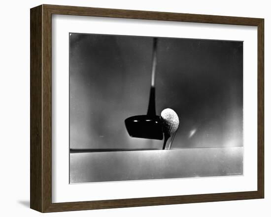 Close Up Shot of Driver Club Head Impacting Ball on Tee-Gjon Mili-Framed Photographic Print