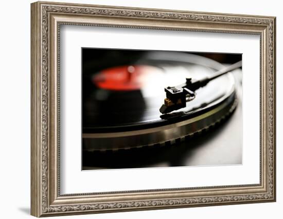 Close up View of Old Fashioned Turntable Playing a Track from Black Vinyl.-graphicphoto-Framed Photographic Print