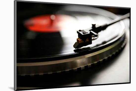 Close up View of Old Fashioned Turntable Playing a Track from Black Vinyl.-graphicphoto-Mounted Photographic Print