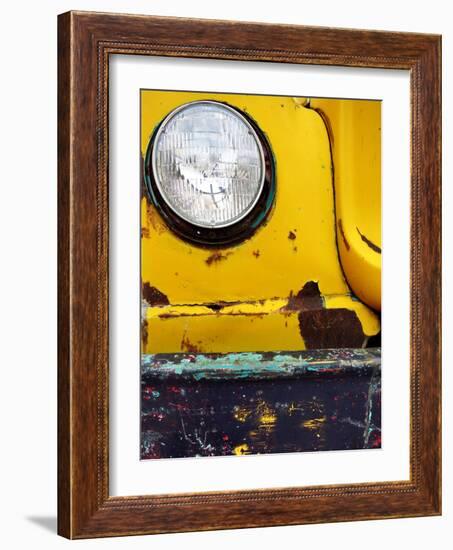 Closeup Detail of Old Bumper and Headlight on Truck Car Scraped Paint Chips-eric1513-Framed Photographic Print