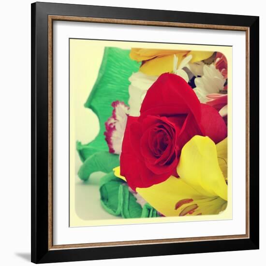 Closeup Of A Flower Bouquet With Roses, Daisies, Carnations And Other Flowers, With A Retro Effect-nito-Framed Art Print