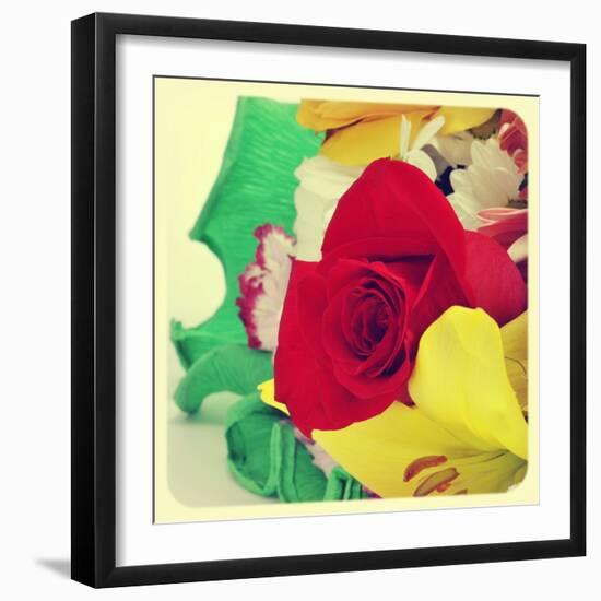 Closeup Of A Flower Bouquet With Roses, Daisies, Carnations And Other Flowers, With A Retro Effect-nito-Framed Art Print