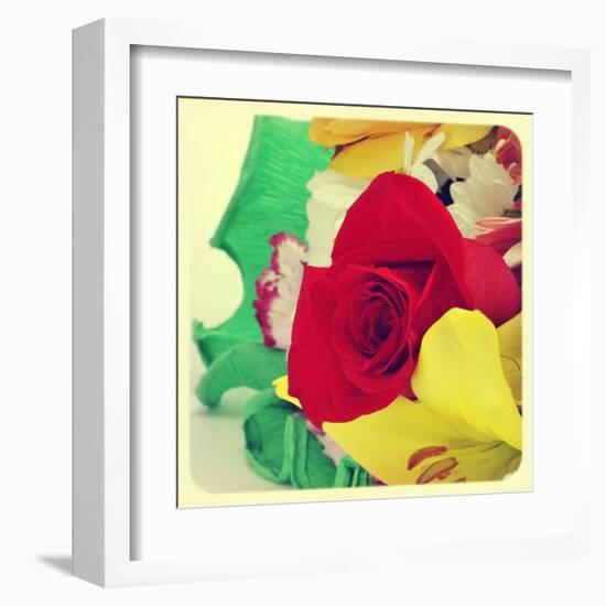 Closeup Of A Flower Bouquet With Roses, Daisies, Carnations And Other Flowers, With A Retro Effect-nito-Framed Art Print