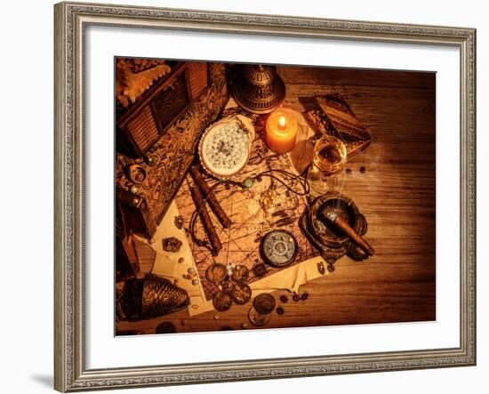 Closeup of Pirates Booty on Wooden Table, Cigars Smoke, Glass of Wine, Map with Way to Search Treas-Anna Omelchenko-Framed Photographic Print
