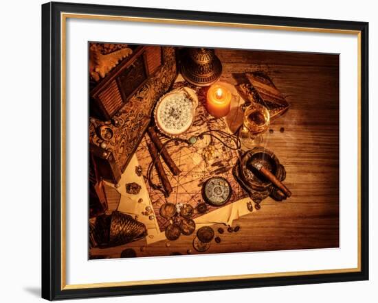 Closeup of Pirates Booty on Wooden Table, Cigars Smoke, Glass of Wine, Map with Way to Search Treas-Anna Omelchenko-Framed Photographic Print