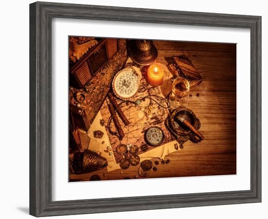 Closeup of Pirates Booty on Wooden Table, Cigars Smoke, Glass of Wine, Map with Way to Search Treas-Anna Omelchenko-Framed Photographic Print