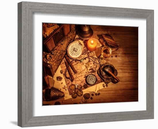 Closeup of Pirates Booty on Wooden Table, Cigars Smoke, Glass of Wine, Map with Way to Search Treas-Anna Omelchenko-Framed Photographic Print