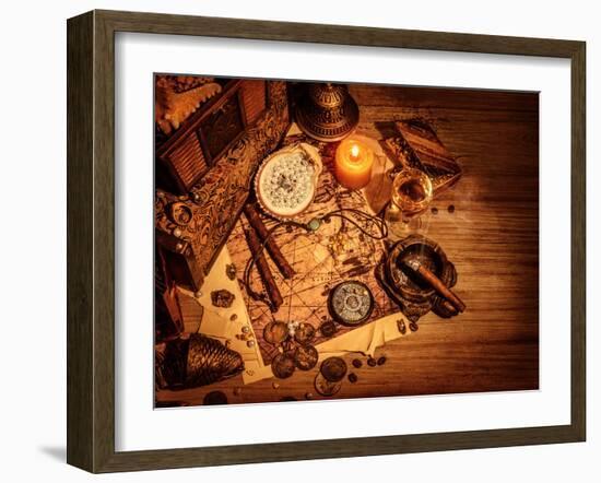 Closeup of Pirates Booty on Wooden Table, Cigars Smoke, Glass of Wine, Map with Way to Search Treas-Anna Omelchenko-Framed Photographic Print