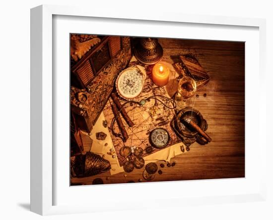 Closeup of Pirates Booty on Wooden Table, Cigars Smoke, Glass of Wine, Map with Way to Search Treas-Anna Omelchenko-Framed Photographic Print