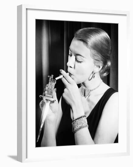 Closeup of Woman Lighting Cigarette-null-Framed Photo