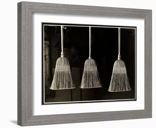 Closeup View of Three Brooms, Presumably Made by the Men of the Bourne Memorial Building, New…-Byron Company-Framed Giclee Print