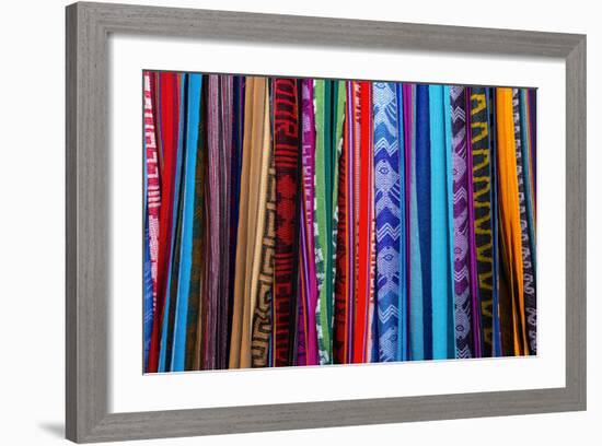 Cloths, Blankets, Scarves, and Hammocks Hang on Display at the Otavalo Market, in Otavalo, Ecuador-Karine Aigner-Framed Photographic Print