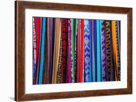 Cloths, Blankets, Scarves, and Hammocks Hang on Display at the Otavalo Market, in Otavalo, Ecuador-Karine Aigner-Framed Photographic Print